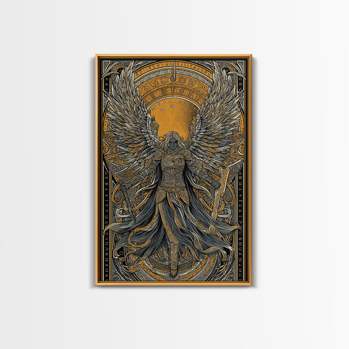 Valkyrie Ascending Canvas Gold Art Canvas Art, Norse Mythology Winged Protector Wall Decor for Dad Gift Office Art, real wood frame