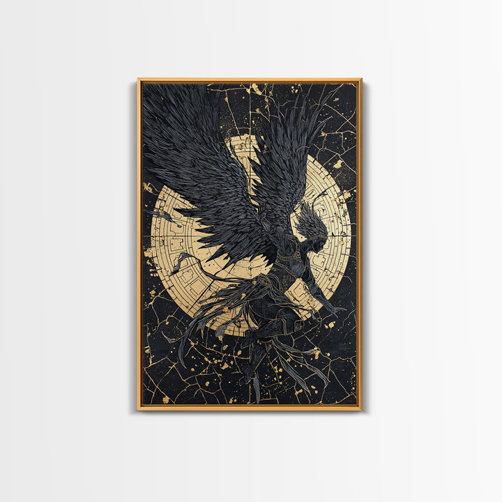 Golden Valkyrie Canvas Gold Art Canvas Art, Norse Mythology Female Warrior Wall Art for Man Cave Office Decor, in real wood frame