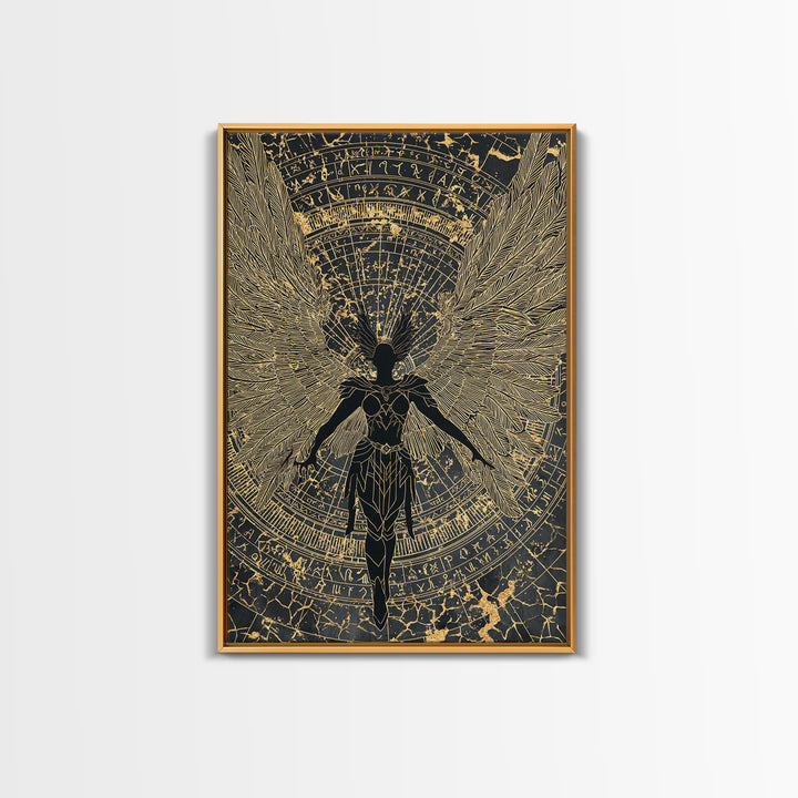 Shieldmaiden Valkyrie Canvas Gold Art Canvas Art, Norse Mythology Wall Art for Men’s Office Decor Dad Gift, framed in natural wood