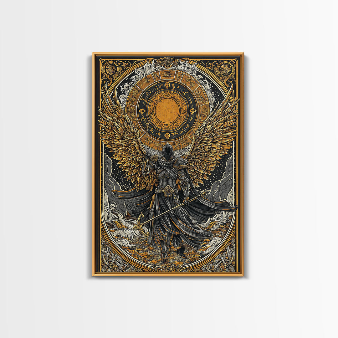 Norse Valkyrie Canvas Gold Art Canvas Art, Nordic Mythology Winged Warrior Goddess Wall Art Office Decor Dad Gift, framed in wood