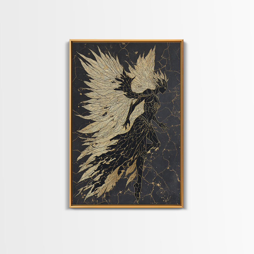 Valkyrie Warrior Canvas Gold Art Canvas Art, Norse Mythology Female Guardian Wall Art for Office Decor Dad Gift, with wood frame