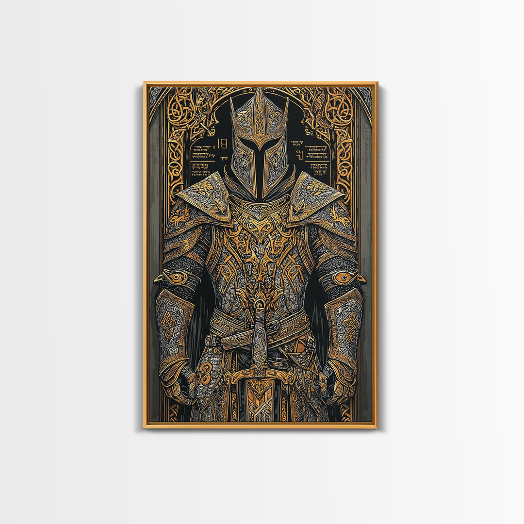 Nordic Knight Armor Canvas Gold Art, Mythology Canvas Art Perfect for Man Cave Wall Decor, framed with handcrafted real wood