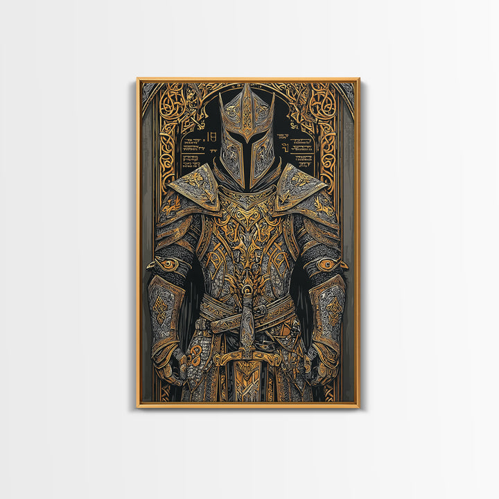 Nordic Knight Armor Canvas Gold Art, Mythology Canvas Art Perfect for Man Cave Wall Decor, framed with handcrafted real wood