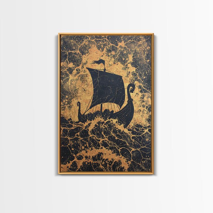 Bull Skull Nordic Totem Canvas Gold Art, Viking Canvas Art with Mythology Detail, unique office decor framed in solid wood