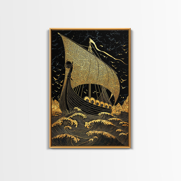 Viking Horned Helmet Canvas Gold Art, Norse Mythology Canvas Art Wall Decor for Dad Gift or Office, framed with real wood finish