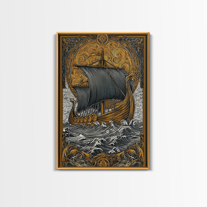 Nordic Warrior Helmet Canvas Gold Art, Viking Style Canvas Art Wall Decor, striking man cave gift framed with natural wood detail