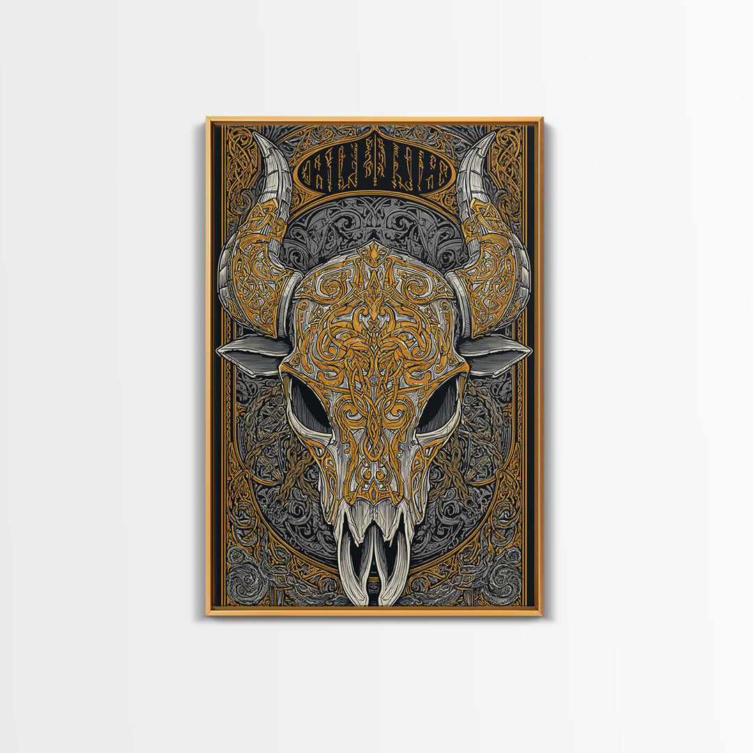 Rune Stone Canvas Gold Art, Ancient Viking Mythology Canvas Art Perfect for Office or Dad Gift, framed with handcrafted wood