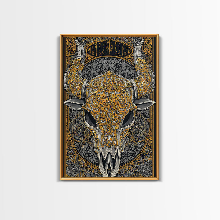 Rune Stone Canvas Gold Art, Ancient Viking Mythology Canvas Art Perfect for Office or Dad Gift, framed with handcrafted wood