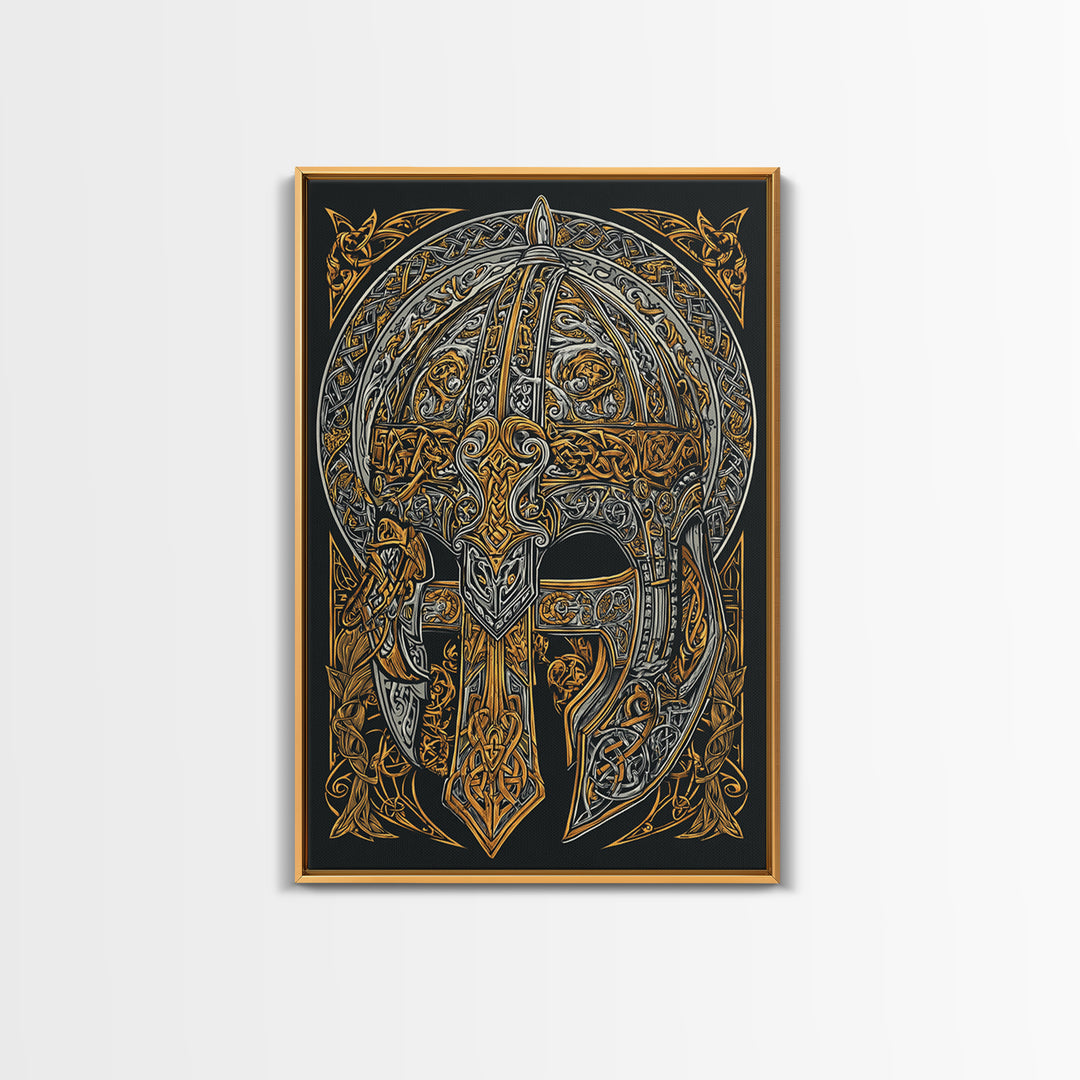 Viking Funeral Ship Canvas Gold Art, Norse Mythology Canvas Art Wall Decor for Man Cave or Office, framed in natural wood