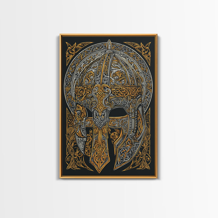 Viking Funeral Ship Canvas Gold Art, Norse Mythology Canvas Art Wall Decor for Man Cave or Office, framed in natural wood