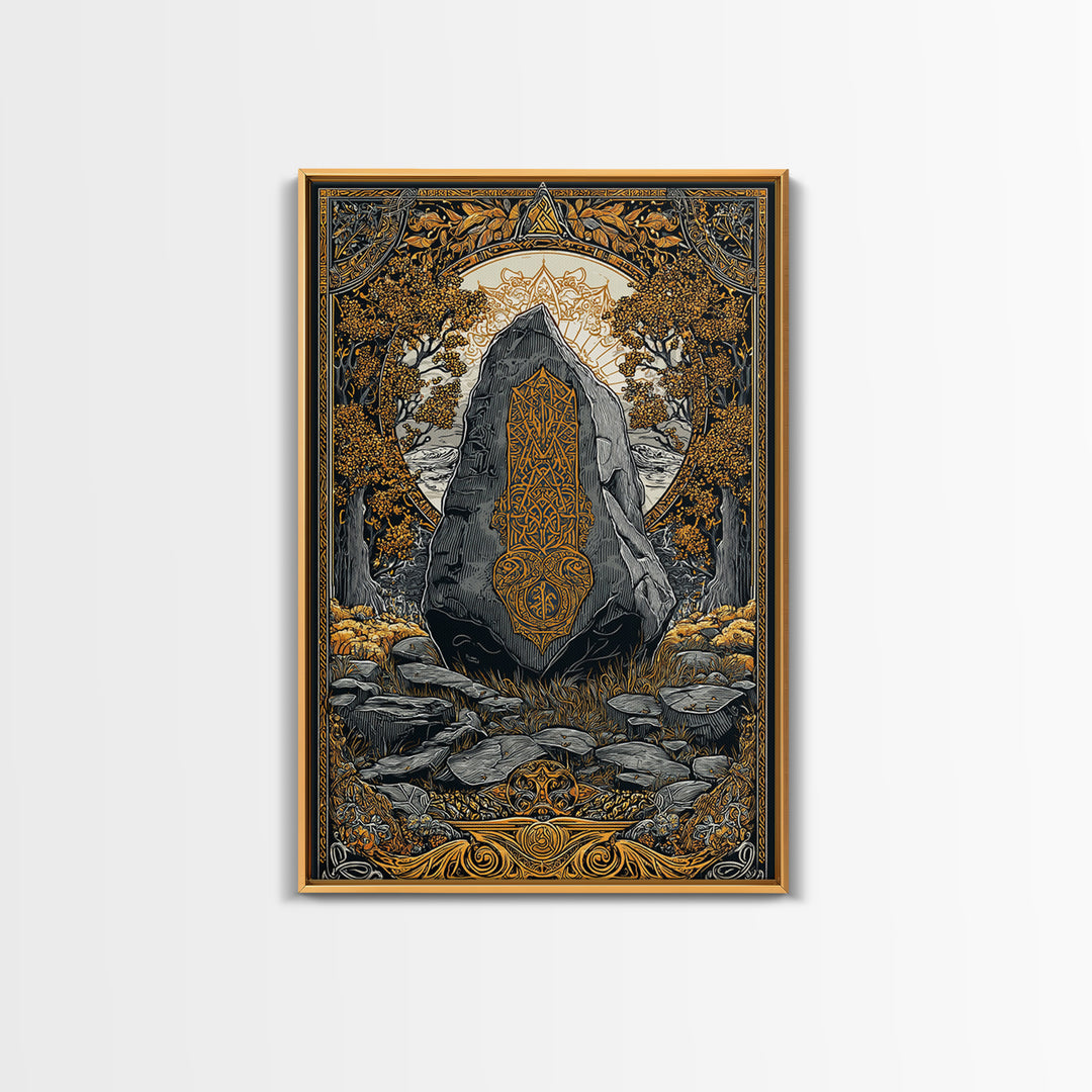 Viking Ship Wall Decor Canvas Gold Art Canvas Art Nordic Longship Ocean Waves Office Art Man Cave Framed in Natural Wood