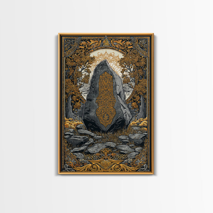 Viking Ship Wall Decor Canvas Gold Art Canvas Art Nordic Longship Ocean Waves Office Art Man Cave Framed in Natural Wood