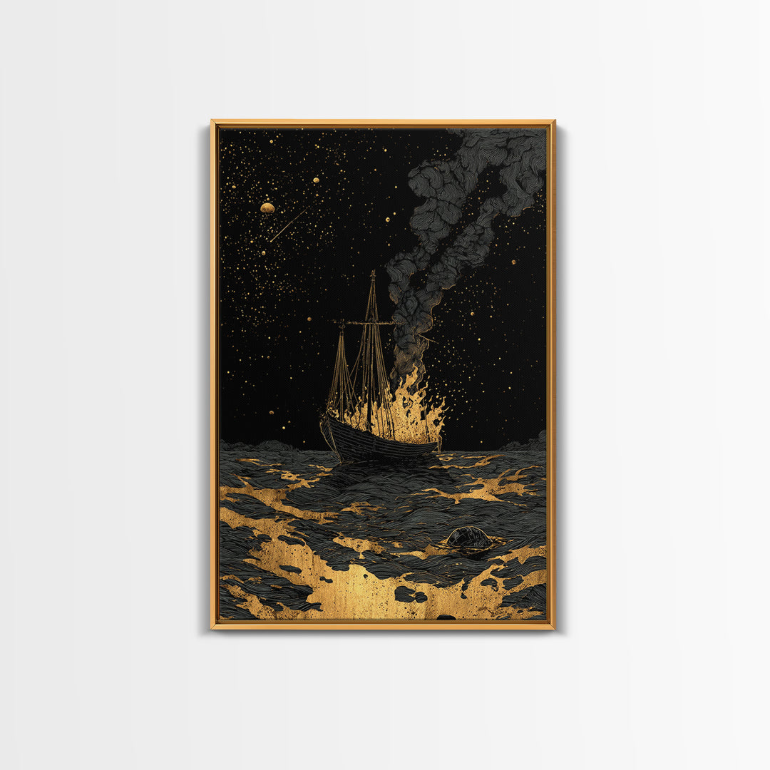 Canvas Gold Art Canvas Art Viking Ship with Dragon Sail Nordic Mythology Decor Man Cave Wall Art Dad Gift with Real Wood Frame