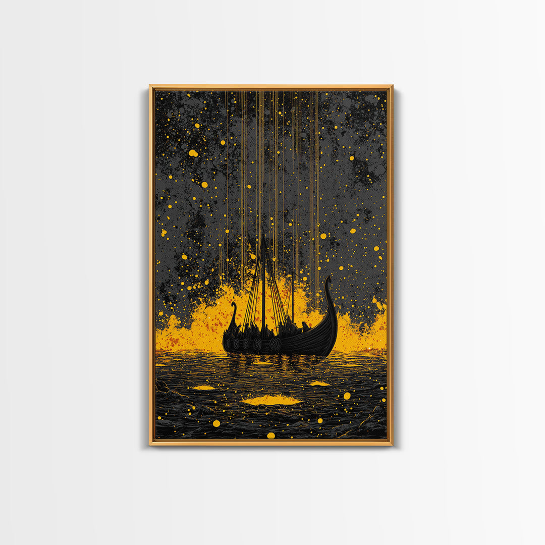 Nordic Longship Ocean Voyage Canvas Gold Art Canvas Art Viking Decor for Men’s Office or Den Framed in Solid Wood Handmade