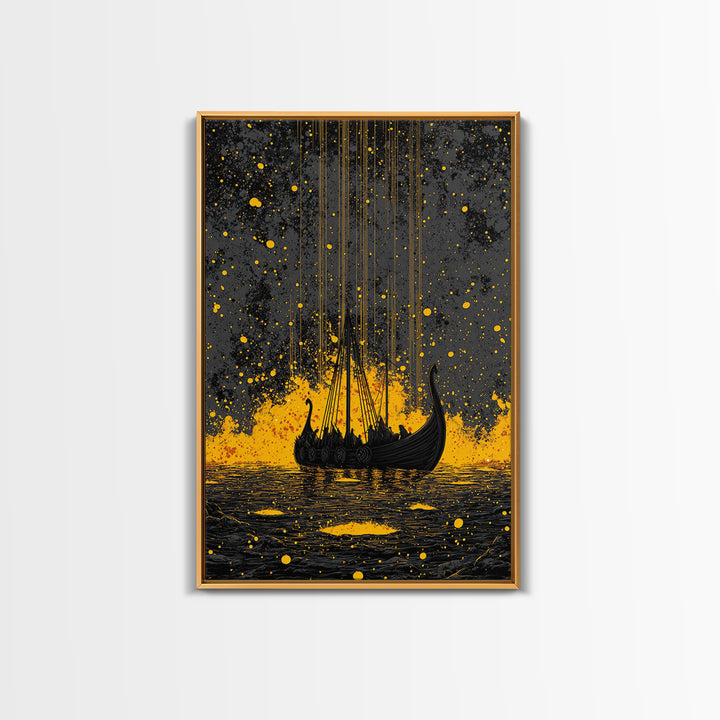 Nordic Longship Ocean Voyage Canvas Gold Art Canvas Art Viking Decor for Men’s Office or Den Framed in Solid Wood Handmade