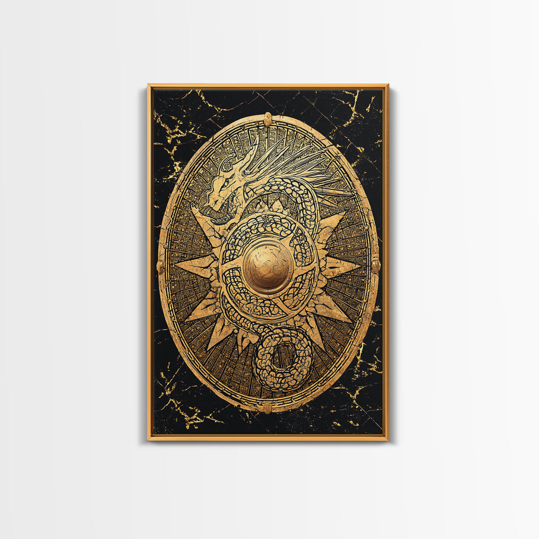 Norse Dragon Shield Canvas Gold Art, Viking Inspired Canvas Art for Men’s Office or Dad Gift, crafted with real wood frame