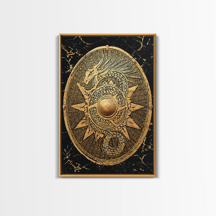 Norse Dragon Shield Canvas Gold Art, Viking Inspired Canvas Art for Men’s Office or Dad Gift, crafted with real wood frame