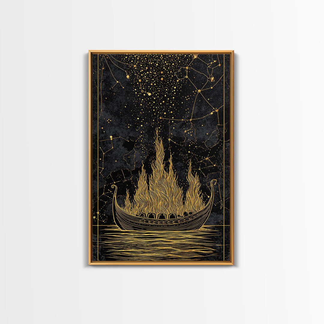 Burning Viking Funeral Ship Canvas Gold Art Canvas Art Norse Mythology Wall Art Nordic Decor Man Cave Piece with Real Wood Frame