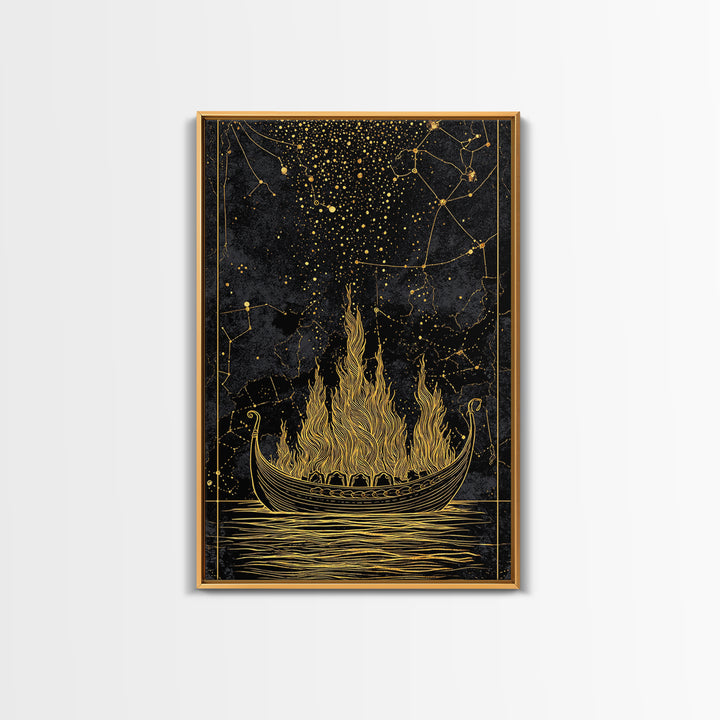 Burning Viking Funeral Ship Canvas Gold Art Canvas Art Norse Mythology Wall Art Nordic Decor Man Cave Piece with Real Wood Frame