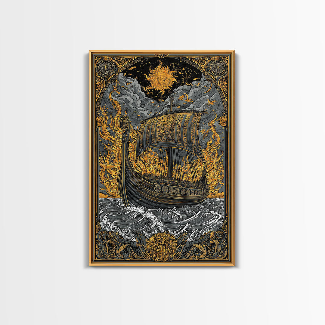 Canvas Art Canvas Gold Art Viking Ship in Flames Norse Funeral Pyre Nordic Mythology Decor Office or Man Cave Framed in Real Wood