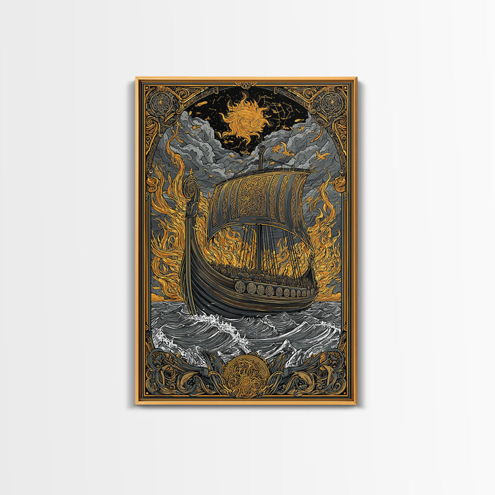 Canvas Art Canvas Gold Art Viking Ship in Flames Norse Funeral Pyre Nordic Mythology Decor Office or Man Cave Framed in Real Wood
