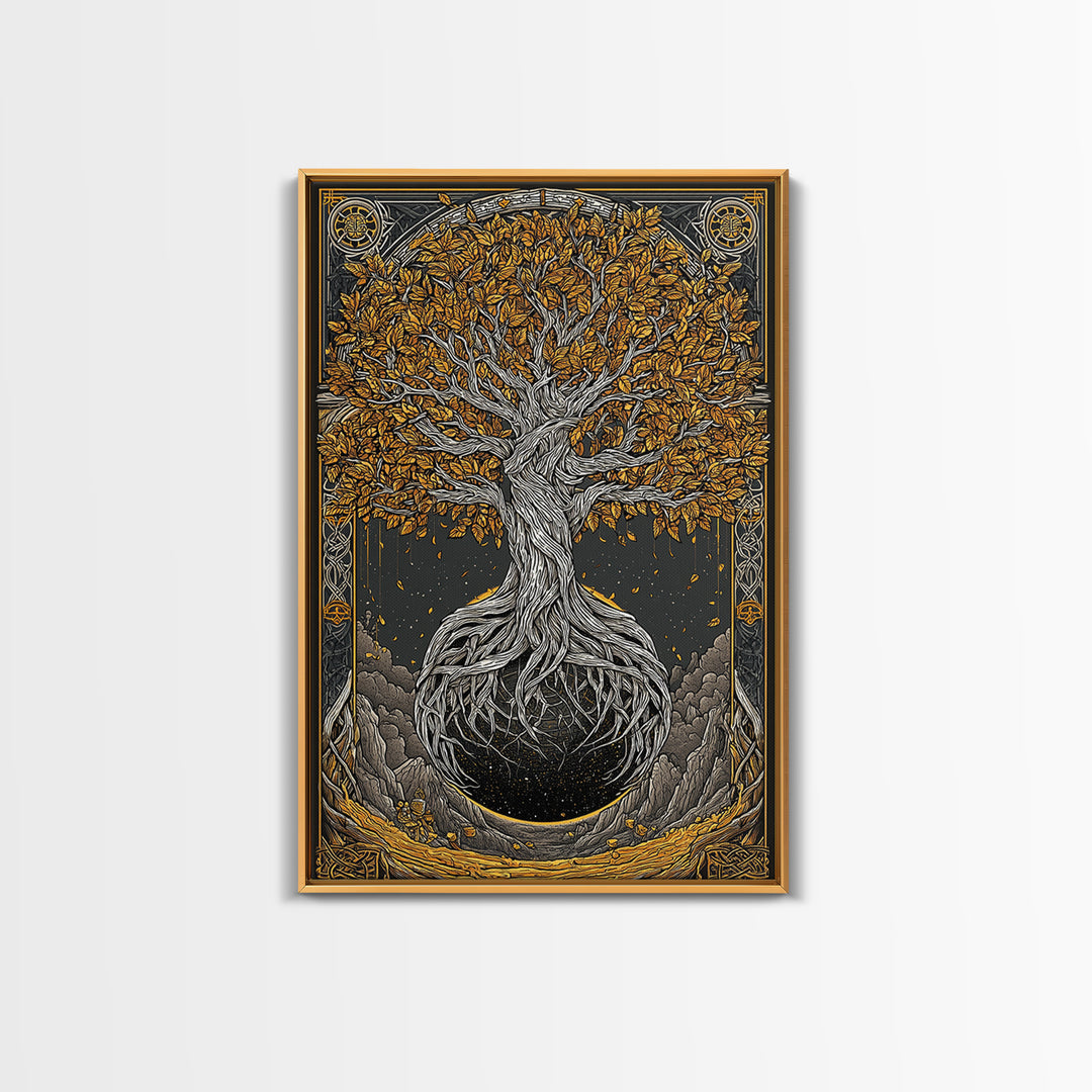 Canvas Gold Art Canvas Art Nordic World Tree Yggdrasil Norse Mythology Decor Viking Wall Art Man Cave Office Art with Real Wood Frame