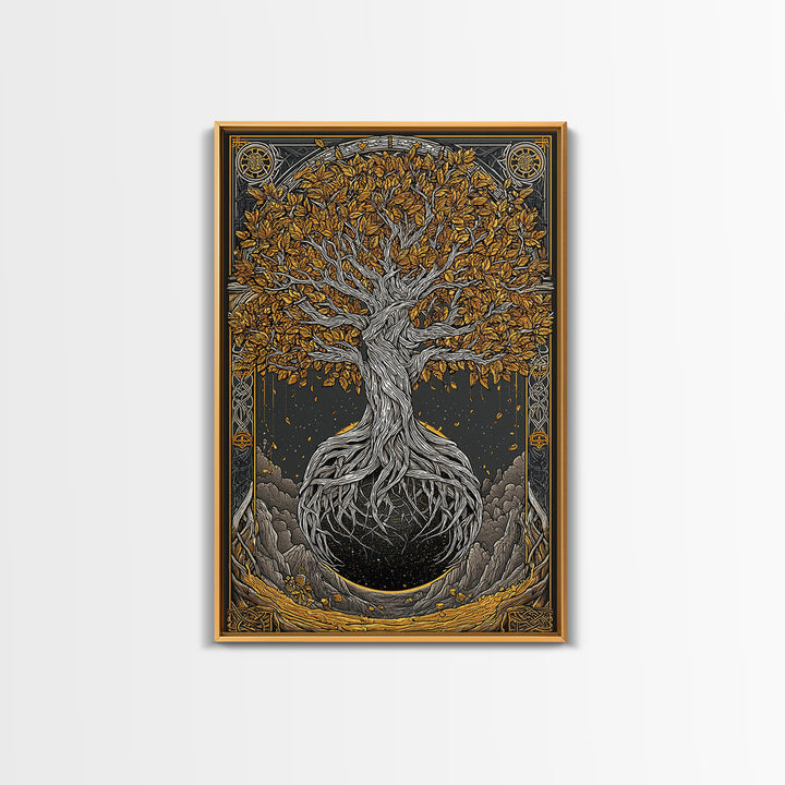 Canvas Gold Art Canvas Art Nordic World Tree Yggdrasil Norse Mythology Decor Viking Wall Art Man Cave Office Art with Real Wood Frame