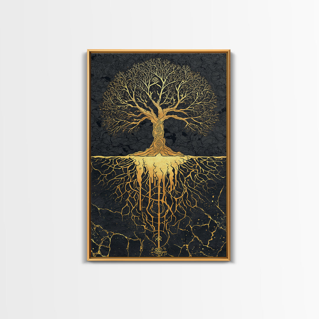 Norse Mythology Yggdrasil Tree Canvas Gold Art Canvas Art Viking Decor Wall Art Nordic Symbolism Dad Gift Framed in Solid Wood