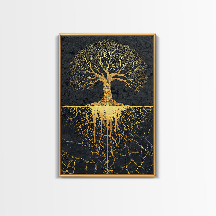 Norse Mythology Yggdrasil Tree Canvas Gold Art Canvas Art Viking Decor Wall Art Nordic Symbolism Dad Gift Framed in Solid Wood