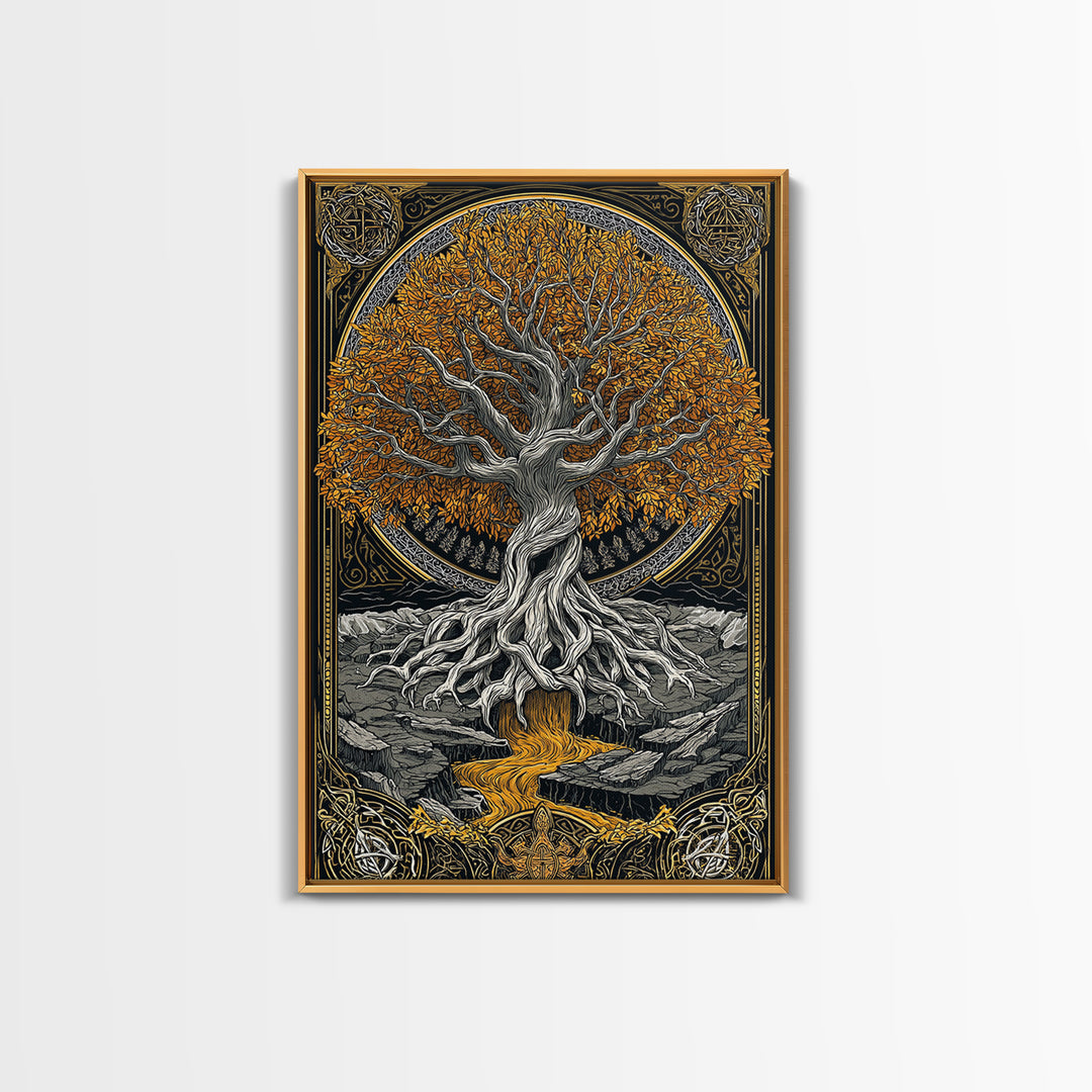 Nordic Yggdrasil Wall Decor Canvas Gold Art Canvas Art Norse Mythology Tree of Life Viking Style Office Art Framed in Real Wood