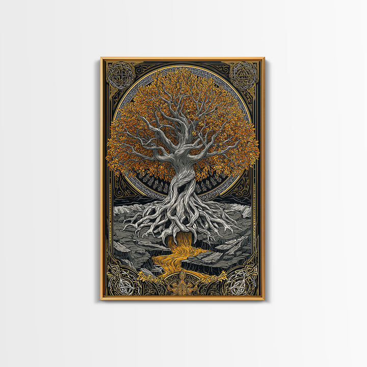 Nordic Yggdrasil Wall Decor Canvas Gold Art Canvas Art Norse Mythology Tree of Life Viking Style Office Art Framed in Real Wood