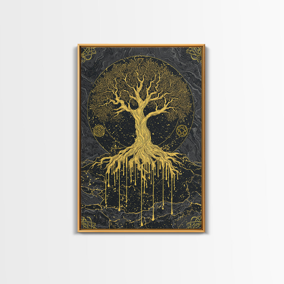 Yggdrasil Canvas Gold Art Canvas Art | Norse World Tree Design Framed in Natural Wood | Nordic Mythology Office & Man Cave Decor
