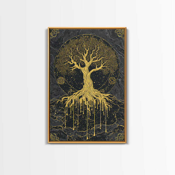 Yggdrasil Canvas Gold Art Canvas Art | Norse World Tree Design Framed in Natural Wood | Nordic Mythology Office & Man Cave Decor