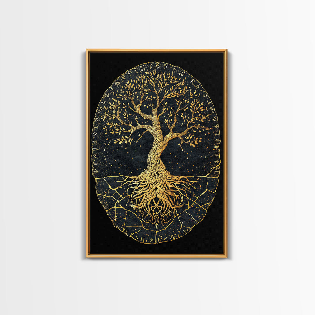 Yggdrasil Norse World Tree Canvas Gold Art Canvas Art Viking Mythology Wall Art Nordic Decor Dad Gift Framed with Natural Wood
