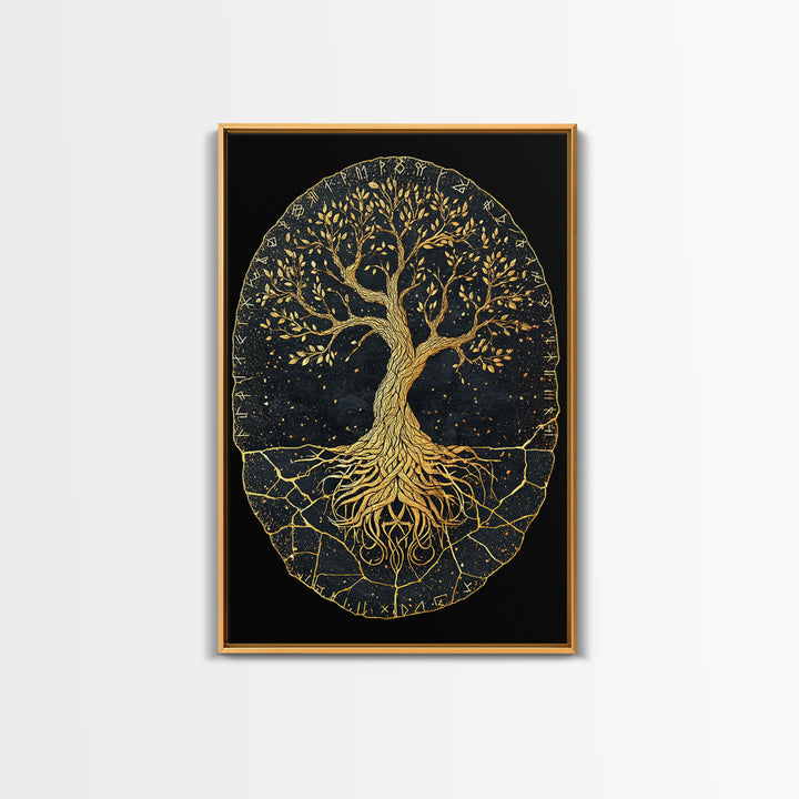 Yggdrasil Norse World Tree Canvas Gold Art Canvas Art Viking Mythology Wall Art Nordic Decor Dad Gift Framed with Natural Wood