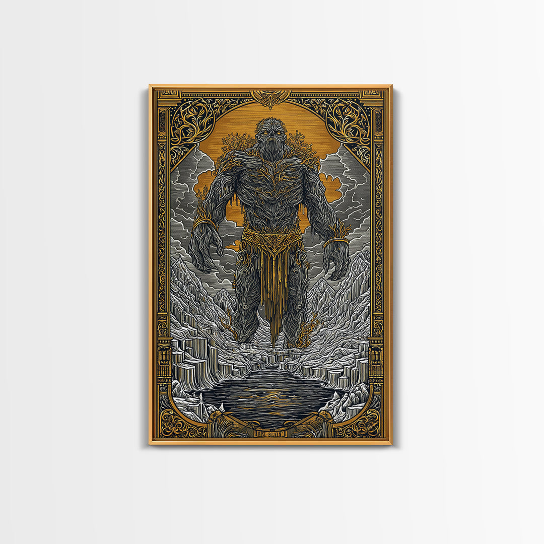 Canvas Gold Art Canvas Art of Ymir | Norse Mythology Wall Art with Natural Wood Frame | Viking Decor for Office, Study, or Man Cave