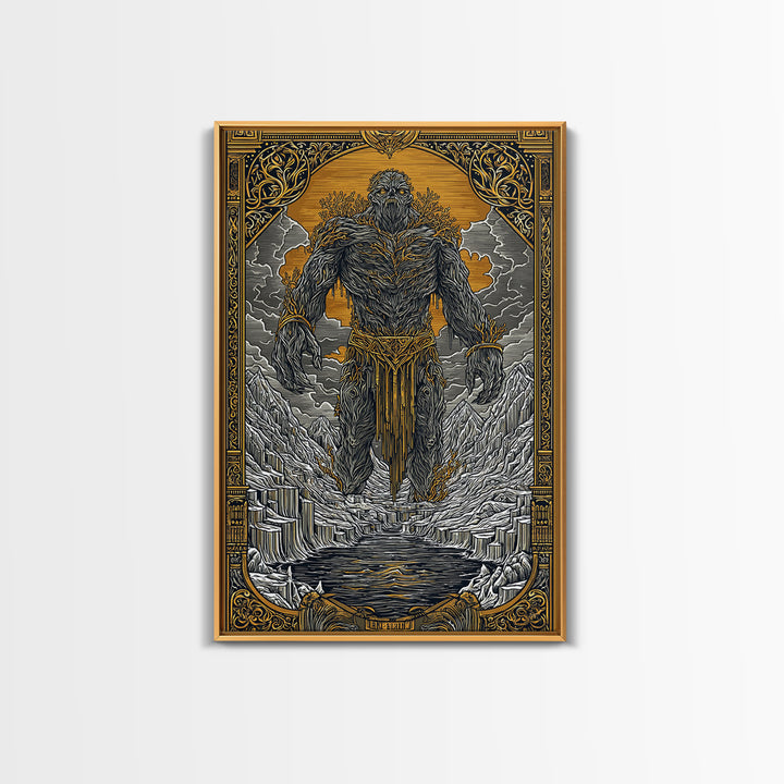 Canvas Gold Art Canvas Art of Ymir | Norse Mythology Wall Art with Natural Wood Frame | Viking Decor for Office, Study, or Man Cave