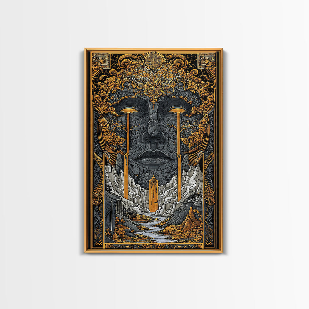 Nordic Mythology Canvas Gold Art Canvas Art | Yggdrasil Tree of Life Wall Art with Real Wood Frame | Viking Office & Dad Gift