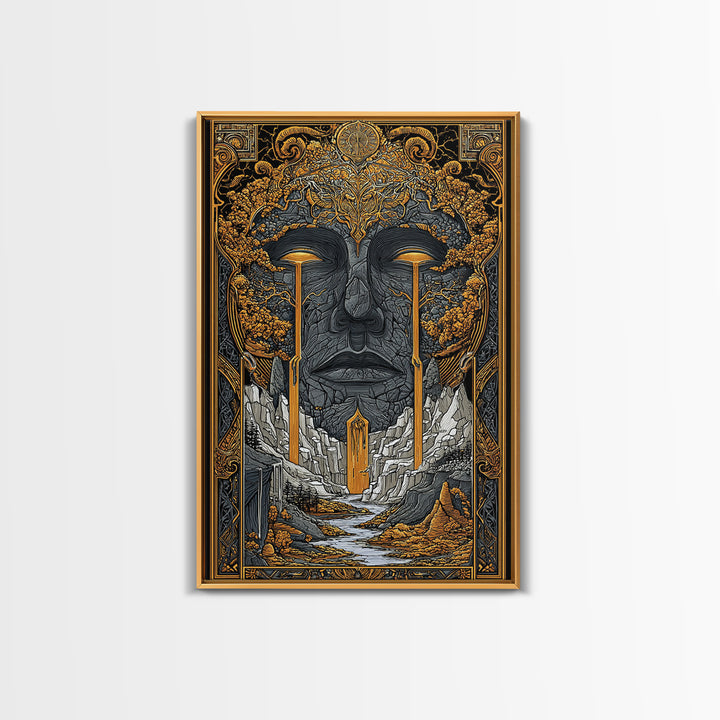Nordic Mythology Canvas Gold Art Canvas Art | Yggdrasil Tree of Life Wall Art with Real Wood Frame | Viking Office & Dad Gift