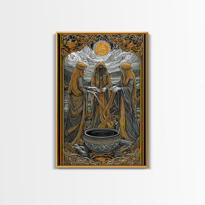Norns Weaving Fate Canvas Gold Art, Norse Mythology Canvas Art of Urd, Verdandi, Skuld, Viking Wall Art framed in real wood