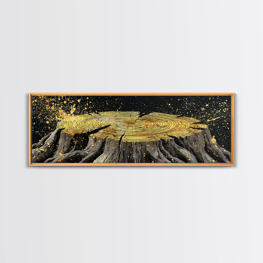 Viking Tree Stump Canvas Gold Art Nordic Mythology Canvas Art for Office or Man Cave, Norse Decor framed in real wood