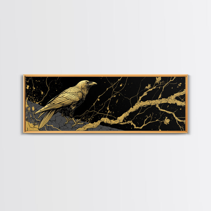 Odin’s Raven Canvas Gold Art Norse Mythology Canvas Art Viking Wall Decor with natural wood frame, Man Cave or Office Gift