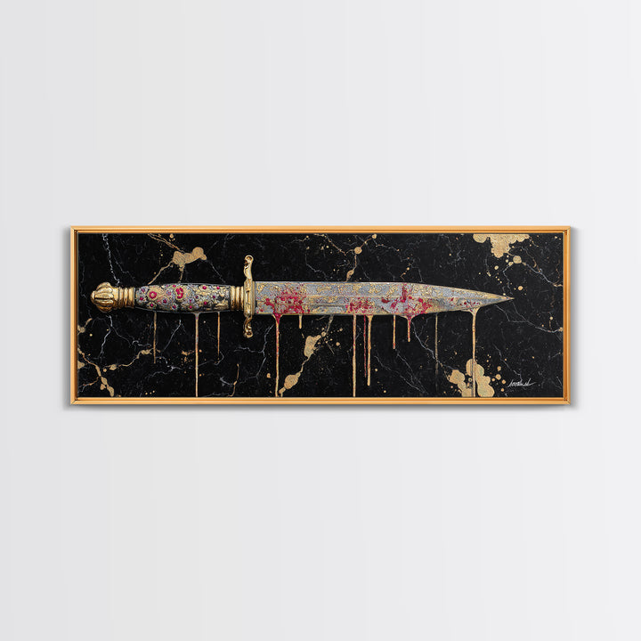Decorative Dagger Canvas Gold Art Nordic Mythology Canvas Art Norse Weapon Decor framed in real wood, Viking Office Wall Art