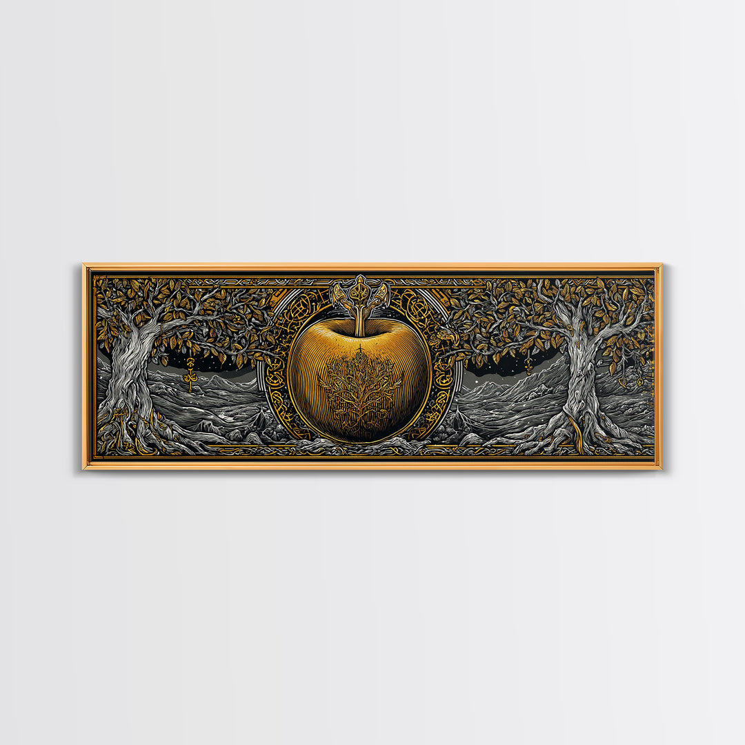 Norse Garden of Idunn Canvas Gold Art Viking Mythology Canvas Art Nordic Apple Decor with real wood frame, Man Cave Wall Art