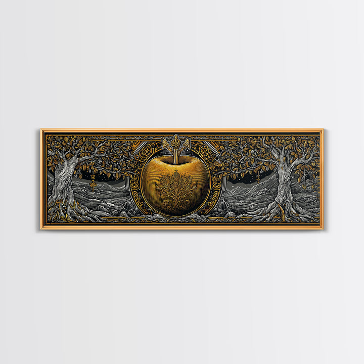 Norse Garden of Idunn Canvas Gold Art Viking Mythology Canvas Art Nordic Apple Decor with real wood frame, Man Cave Wall Art