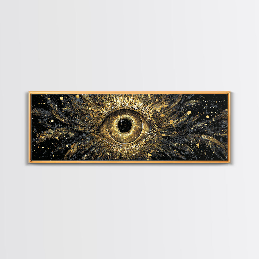 Odin’s All-Seeing Eye Canvas Gold Art Nordic Wall Decor Canvas Art for Office or Man Cave, framed in natural wood