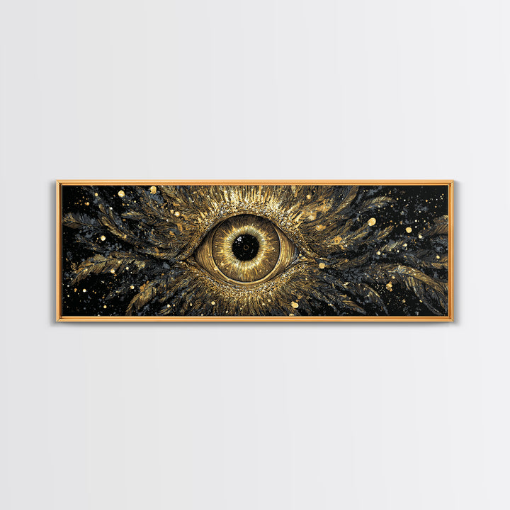 Odin’s All-Seeing Eye Canvas Gold Art Nordic Wall Decor Canvas Art for Office or Man Cave, framed in natural wood