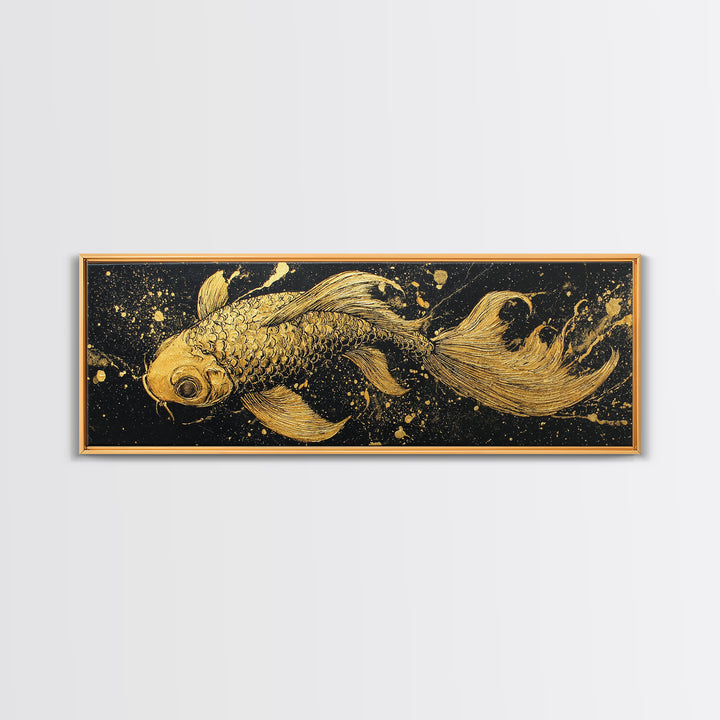Koi Fish Canvas Gold Art Japanese Nordic Fusion Wall Art Canvas Art with real wood frame, great Viking Dad Gift or Office