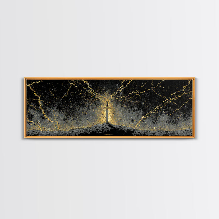 Legendary Sword Canvas Gold Art Norse Mythology Canvas Art Wall Decor for Men, Office or Man Cave framed in real wood