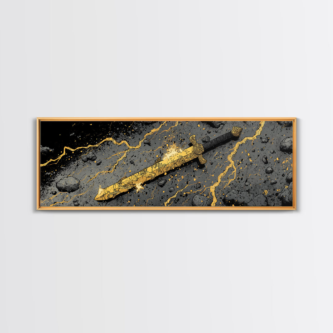 Ancient Norse Blade Canvas Gold Art Canvas Art Viking Decor with natural wood framing, Office Wall Art or Man Cave Gift